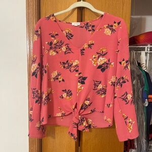 Pink tie front bell sleeve top
